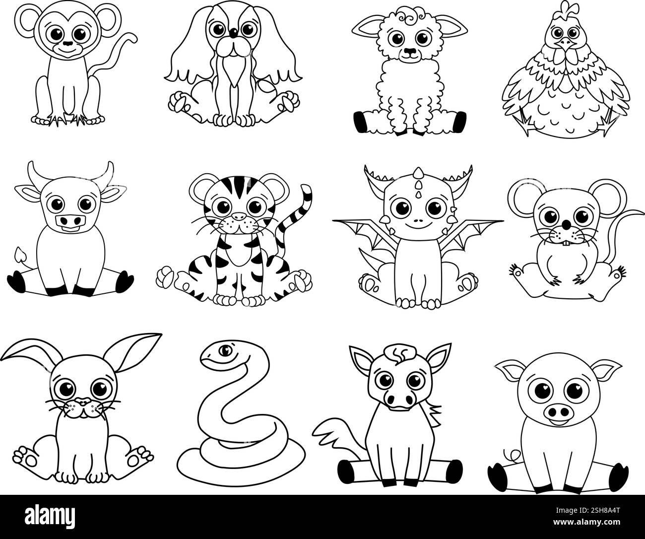 Le mascotte cartoni animati vettoriali cinesi del nuovo anno lunare ambientano personaggi carini. Simbolo dell'anno CNY festival delle lanterne lunari in bianco e nero Illustrazione Vettoriale