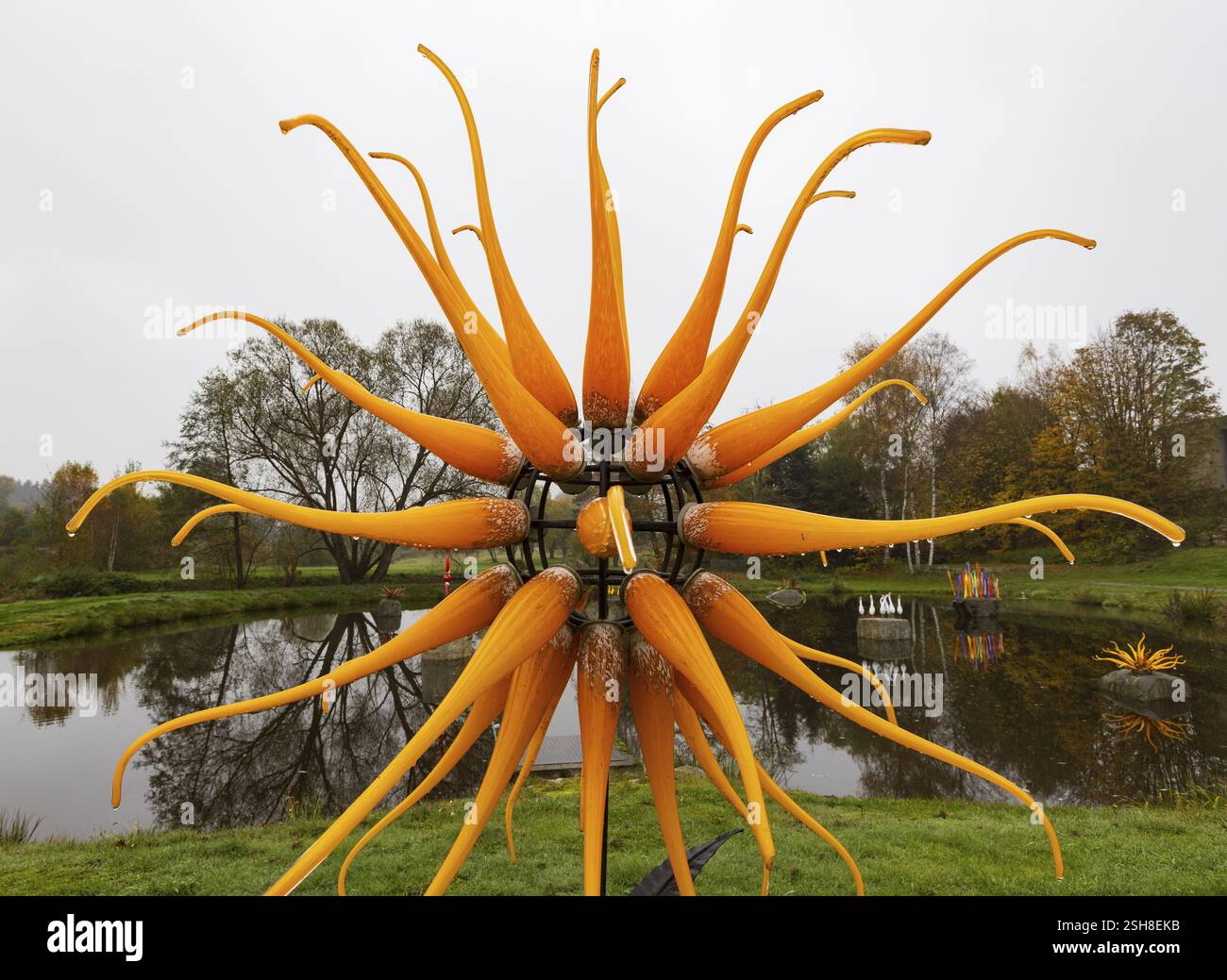 Oggetti di arte vetraria nel giardino delle vetrerie Andreas Apfelthaler, Alt Nagelberg, Waldviertel, bassa Austria, Austria, Austria, Europa Foto Stock