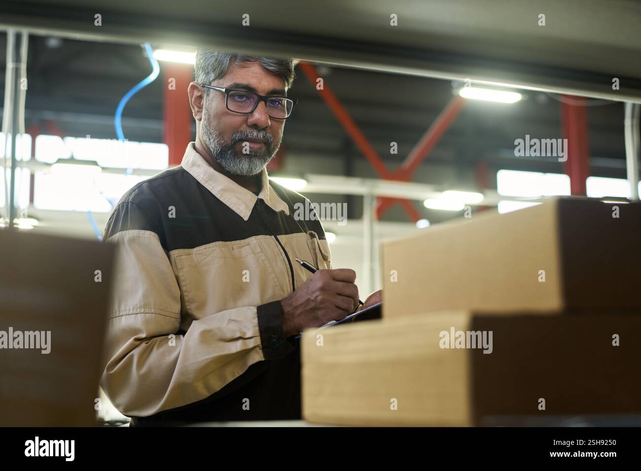 Lavoratore multietnico maturo che prende appunti mentre guarda l'adesivo sulla scatola di cartone imballata durante la revisione in magazzino Foto Stock