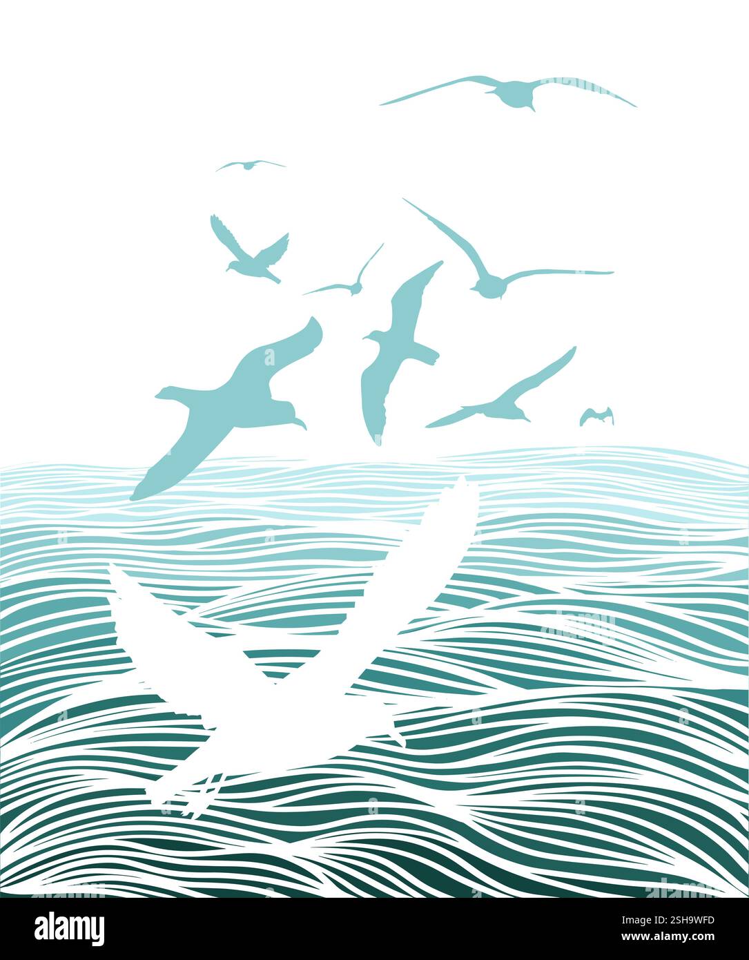 Mare di fondo e gabbiani. disegnato a mano. Non ai, illustrazione vettoriale Illustrazione Vettoriale