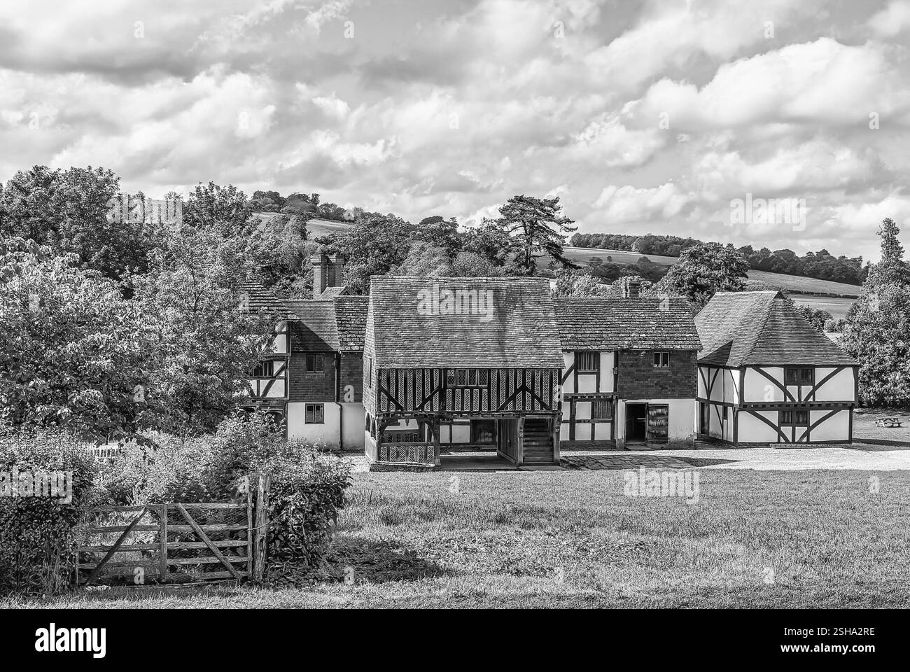 Edifici pubblici storici al Weald & Downland Open Air Museum di Singleton, West Sussex, Inghilterra, in bianco e nero Foto Stock