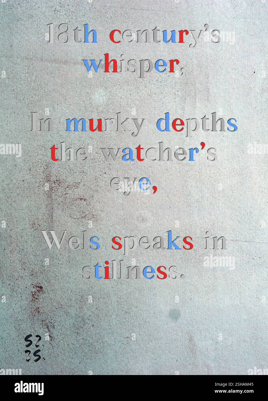Il sussurro del XVIII secolo, nelle profondità torbide dell'occhio dell'osservatore, Wels parla in silenzio. La Gilda degli scrittori d'argento di Frank Donovan. Arte di Zsuzsa Szikra. Poetry Art Print, Triplumes è una forma poetica unica ispirata al tradizionale haiku, composta da tre righe che catturano momenti di chiarezza, emozione e approfondimento. Nella nostra collezione abbracciamo la libertà del linguaggio, dove la fusione delle parole e la rimozione dei trattini è più di una scelta stilistica: È un modo per trasmettere unità e vicinanza tra le idee, creando un'espressione fluida e compatta che risuona con i ritmi della vita moderna. Foto Stock