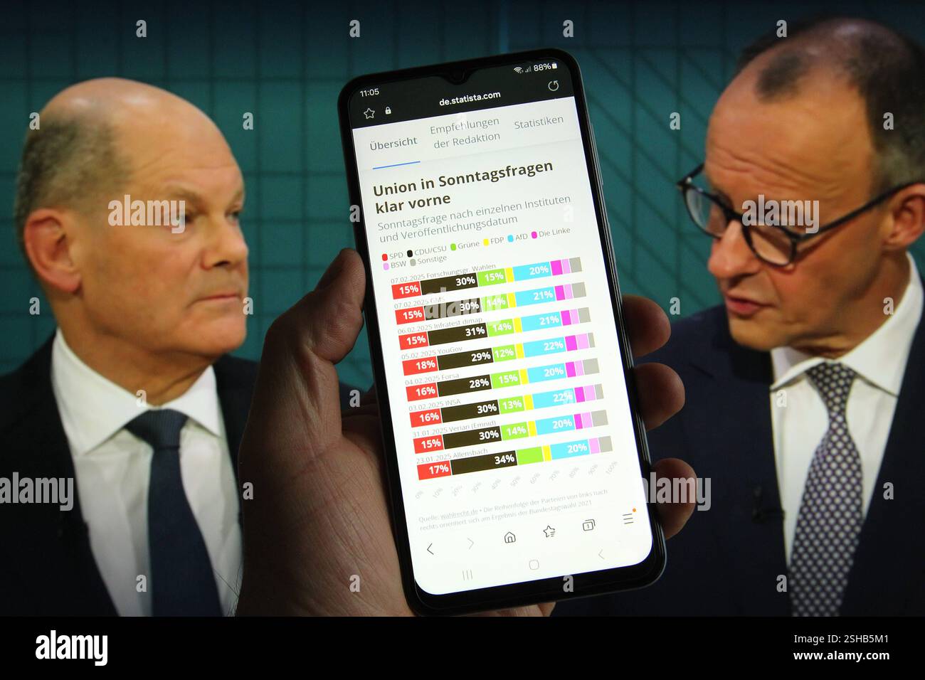 Auf einem laptop wurde die Mediathek der ARD aufgerufen. Dort wird die Aufzeichnung des TV-Duells zwischen den beiden Kanzlerkandidaten für die kommende Bundestagswahl, Olaf Scholz SPD, l. und Friedrich Merz CDU, abgespielt. Davor wurde auf einem smartphone eine Prognose zum Ausgang der Wahl aufgerufen. Schnelsen Hamburg *** la libreria multimediale ARD è stata richiamata su un portatile la registrazione del duello televisivo tra i due candidati alla cancelleria nelle prossime elezioni del Bundestag, Olaf Scholz SPD e Friedrich Merz CDU , è stata riprodotta su uno smartphone prima di una previsione dell'esito delle elezioni Foto Stock