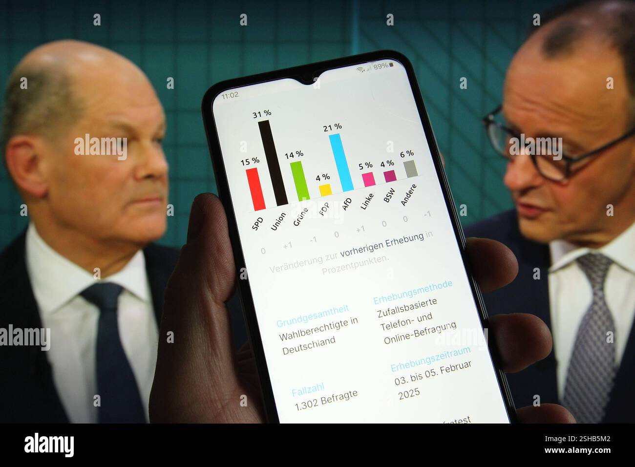 Auf einem laptop wurde die Mediathek der ARD aufgerufen. Dort wird die Aufzeichnung des TV-Duells zwischen den beiden Kanzlerkandidaten für die kommende Bundestagswahl, Olaf Scholz SPD, l. und Friedrich Merz CDU, abgespielt. Davor wurde auf einem smartphone eine Prognose zum Ausgang der Wahl aufgerufen. Schnelsen Hamburg *** la libreria multimediale ARD è stata richiamata su un portatile la registrazione del duello televisivo tra i due candidati alla cancelleria nelle prossime elezioni del Bundestag, Olaf Scholz SPD e Friedrich Merz CDU , è stata riprodotta su uno smartphone prima di una previsione dell'esito delle elezioni Foto Stock