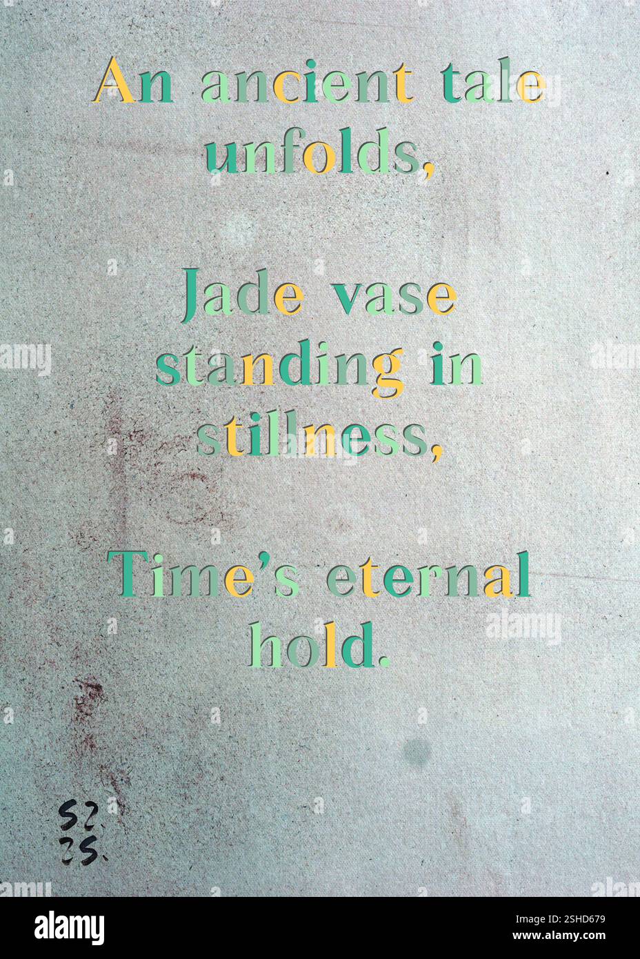 Un'antica storia si svolge, vaso di giada in silenzio, eterna presa del tempo. La Gilda degli scrittori d'argento di Marshall Tate. Arte di Zsuzsa Szikra. Poetry Art Print, Triplumes è una forma poetica unica ispirata al tradizionale haiku, composta da tre righe che catturano momenti di chiarezza, emozione e approfondimento. Nella nostra collezione abbracciamo la libertà del linguaggio, dove la fusione delle parole e la rimozione dei trattini è più di una scelta stilistica: È un modo per trasmettere unità e vicinanza tra le idee, creando un'espressione fluida e compatta che risuona con i ritmi della vita moderna. Foto Stock