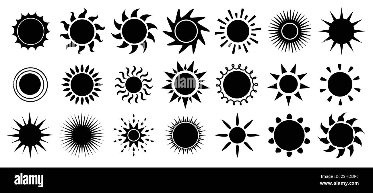 Set clipart icona silhouette sole. Disegno del sole con logo nero e clip art simbolo con una varietà di immagini vettoriali monocromatiche della collezione di raggi solari. Illustrazione Vettoriale
