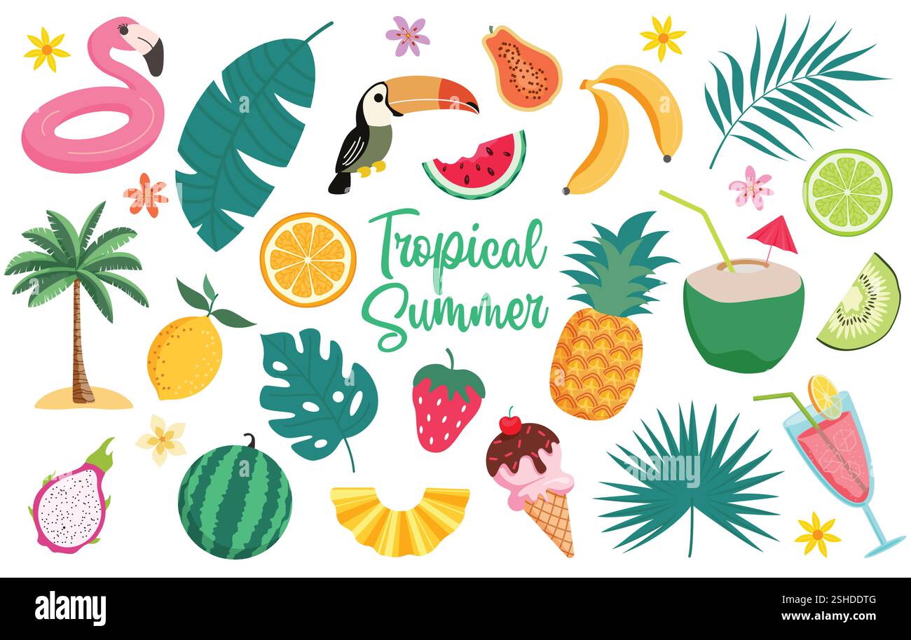 Set clipart di elementi tropicali estivi. Frutti estivi ed elementi grafici ritagliano la grafica come foglie di palma, ananas, cocco, kiwi e anguria Illustrazione Vettoriale