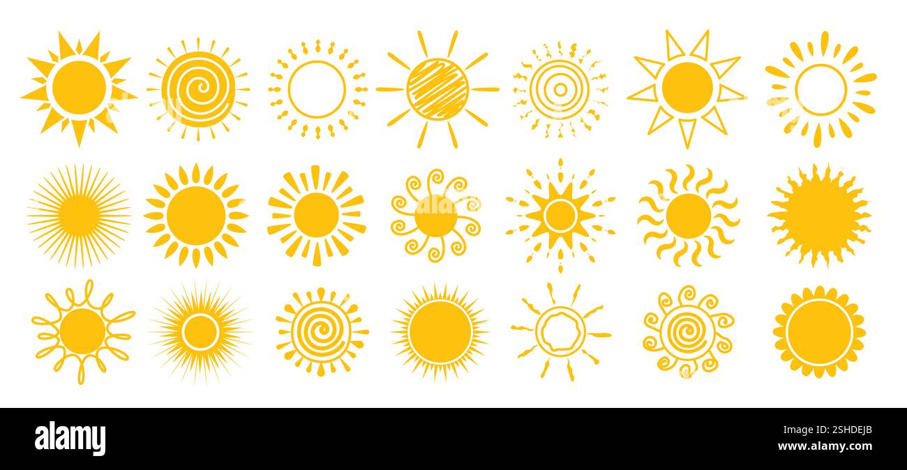 Set clipart icona Sole. Collezione gialla di simboli e logo con clip parasole in elementi grafici piatti estivi illustrazione vettoriale luce solare tropicale Illustrazione Vettoriale