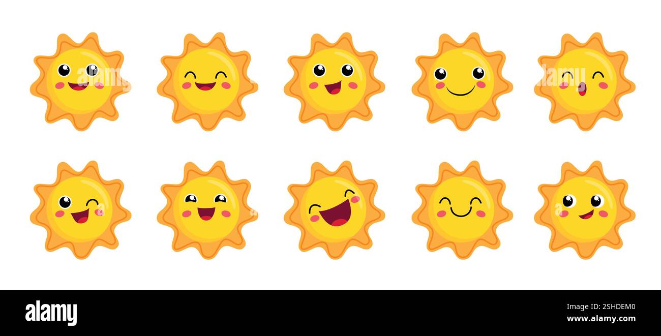 Set clipart Sun Happy Characters. Clip art emoticon giallo sole con illustrazione vettoriale della collezione di elementi di disegno del volto felice e simpatico. Illustrazione Vettoriale