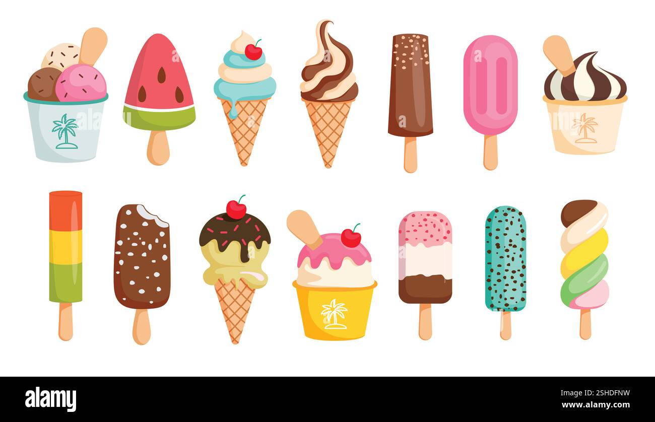Set di fermagli per il disegno dei gelati. Icona di Popsicle e cartoni animati di gelato elementi grafici tropicali in fragole, anguria e cioccolato Illustrazione Vettoriale