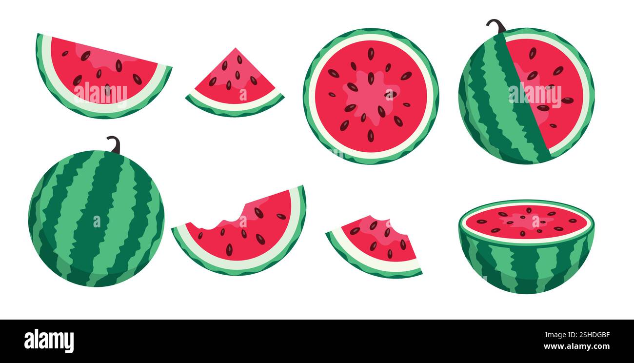 Set clipart di frutta estiva anguria. Anguria di frutta tropicale disegnando intere, affettare e tagliare elementi clip art collezione illustrazione vettoriale. Illustrazione Vettoriale