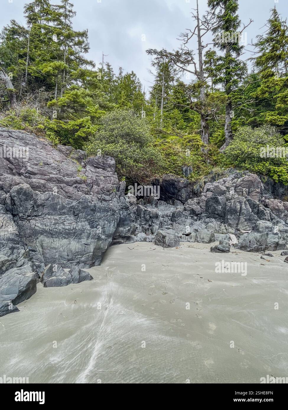 Le scogliere rocciose strutturate incontrano una spiaggia sabbiosa sotto cieli nuvolosi. Una rappresentazione grezza e naturale dei paesaggi costieri. - Immagine stock catturata con smartphone