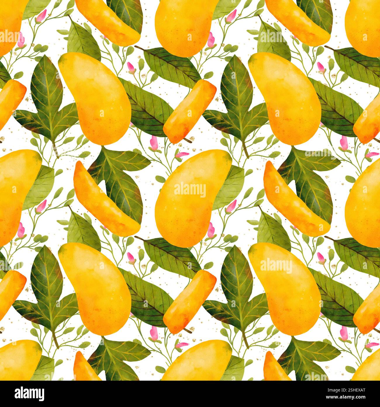 Un colorato motivo ad acquerello caratterizzato da mango maturi e foglie verdi lussureggianti, perfetto per temi tropicali. Motivo acquerello senza cuciture per la stampa su tessuto e carta. Foto Stock