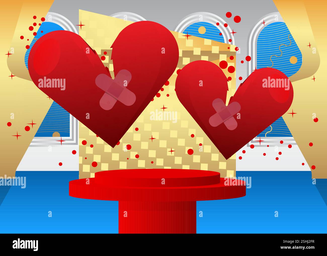 Espositore di prodotti mockup con cuore spezzato. Podio del supporto del cilindro vettoriale. Vetrina per la presentazione. Forme geometriche minime. Illustrazione Vettoriale