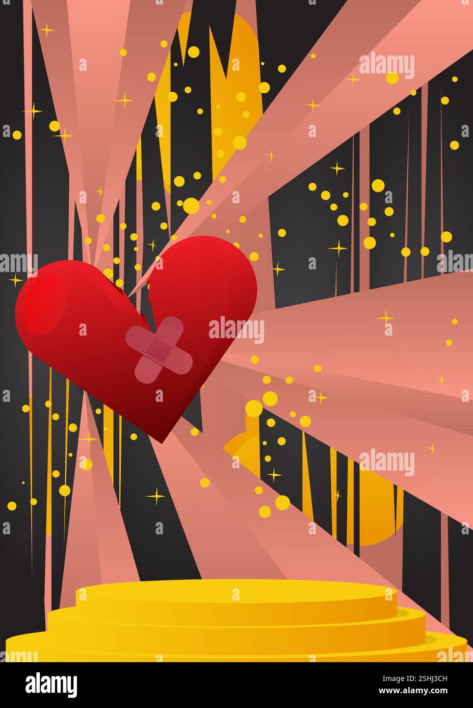 Espositore di prodotti mockup con cuore spezzato. Podio del supporto del cilindro vettoriale. Vetrina per la presentazione. Forme geometriche minime. Illustrazione Vettoriale