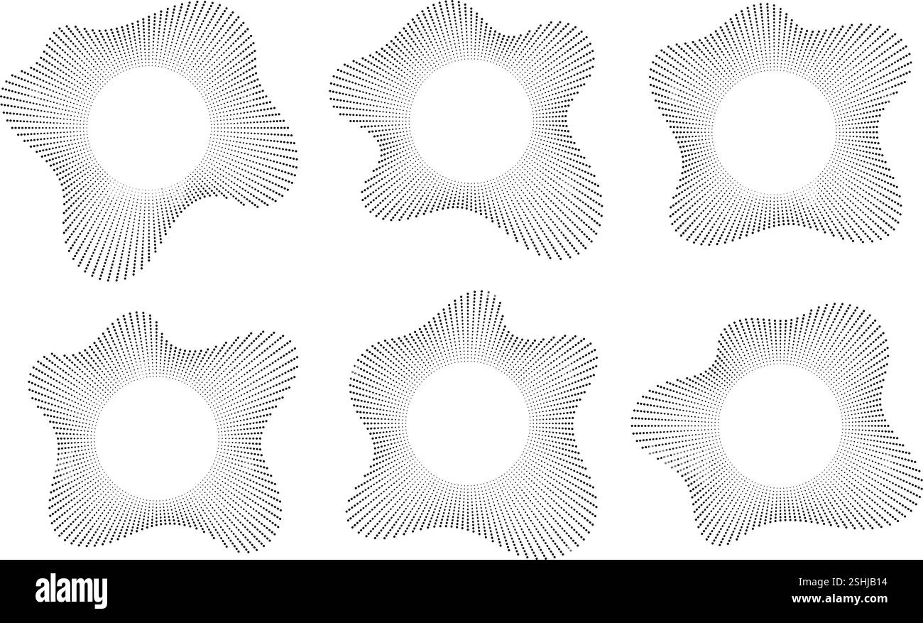 Onde sonore, icone equalizzatore circolari, forma d'onda sonora con musica rotonda, raffica di energia concentrica. Illustrazione Vettoriale