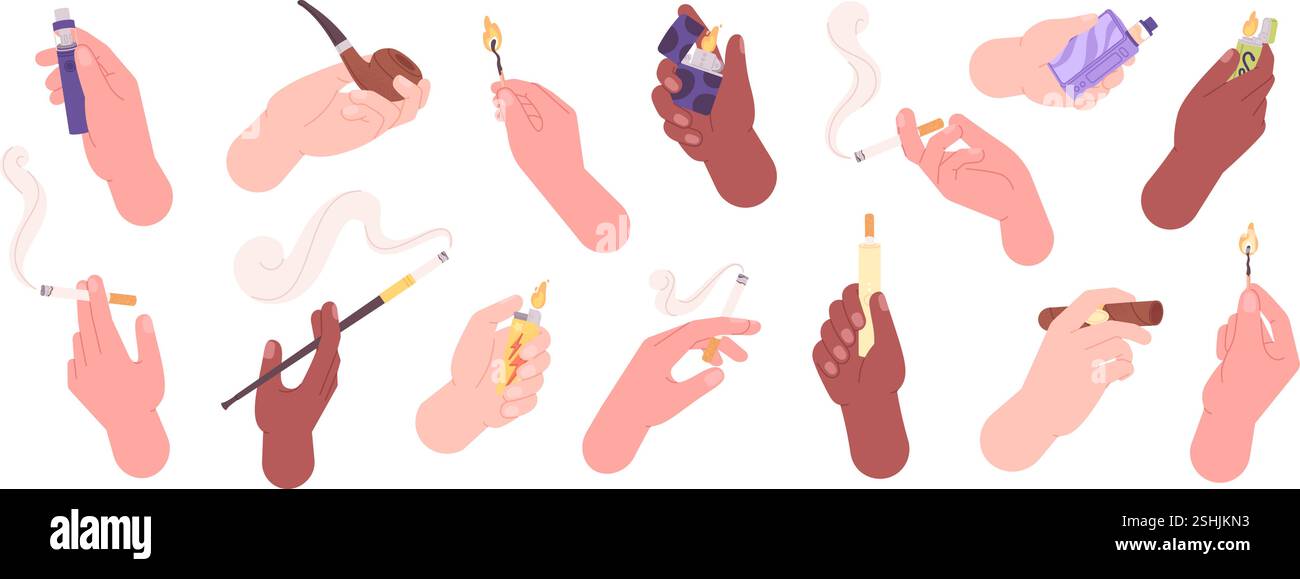 Le mani tengono le sigarette e gli accendini. Uomini donne che tengono svapo, abbinare con fiamma, sigaro con fumo, pipa. Fumatori con attrezzature, dipendenza da vettore di razzia Illustrazione Vettoriale