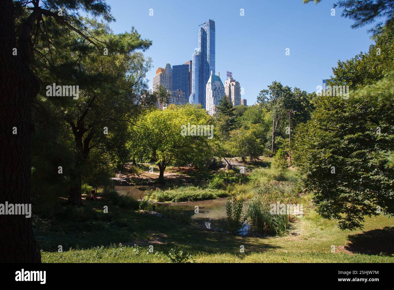Il lago Pond a Central Park, One57, Trump parc e i grattacieli della 59th Street ovest, Midtown Manhattan, New York City Foto Stock