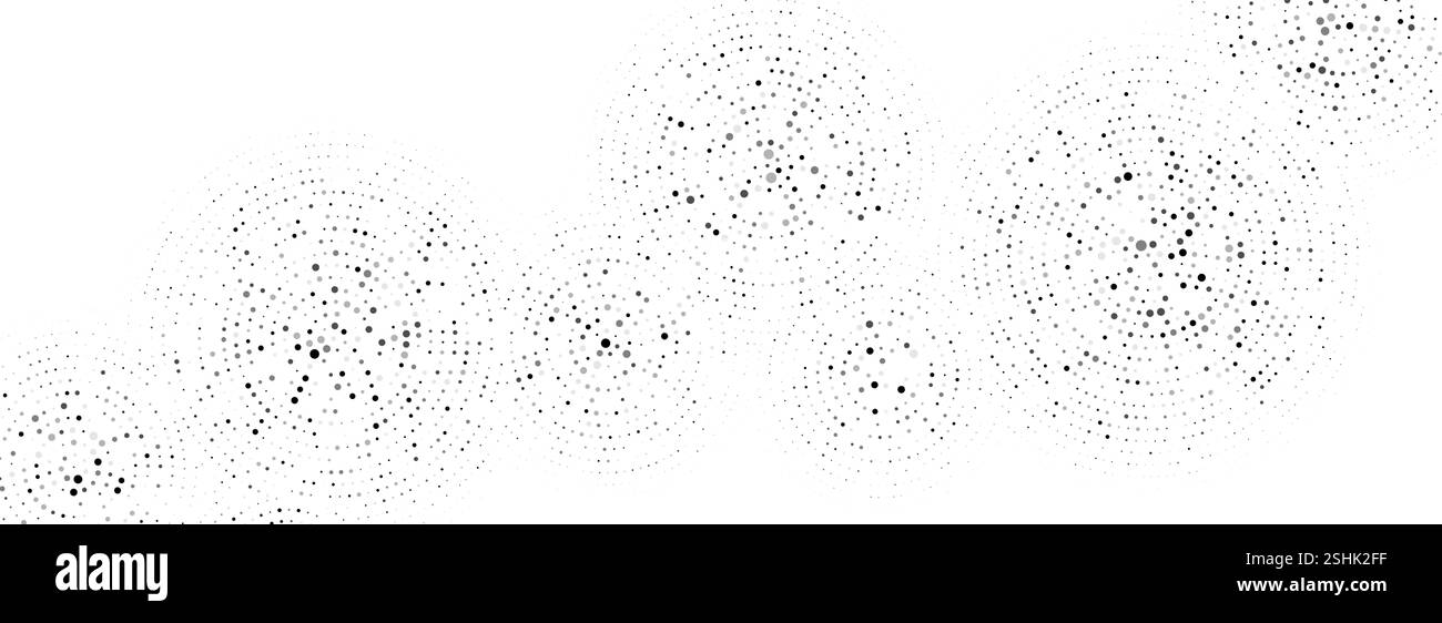 Ripetizione dei cerchi concentrici tratteggiati neri. Suono ondulato suona sullo sfondo. Sfondi astratti con mezzitoni radiali. Texture circolare per volantino, poster, presentazione. Sfondo vettoriale Illustrazione Vettoriale