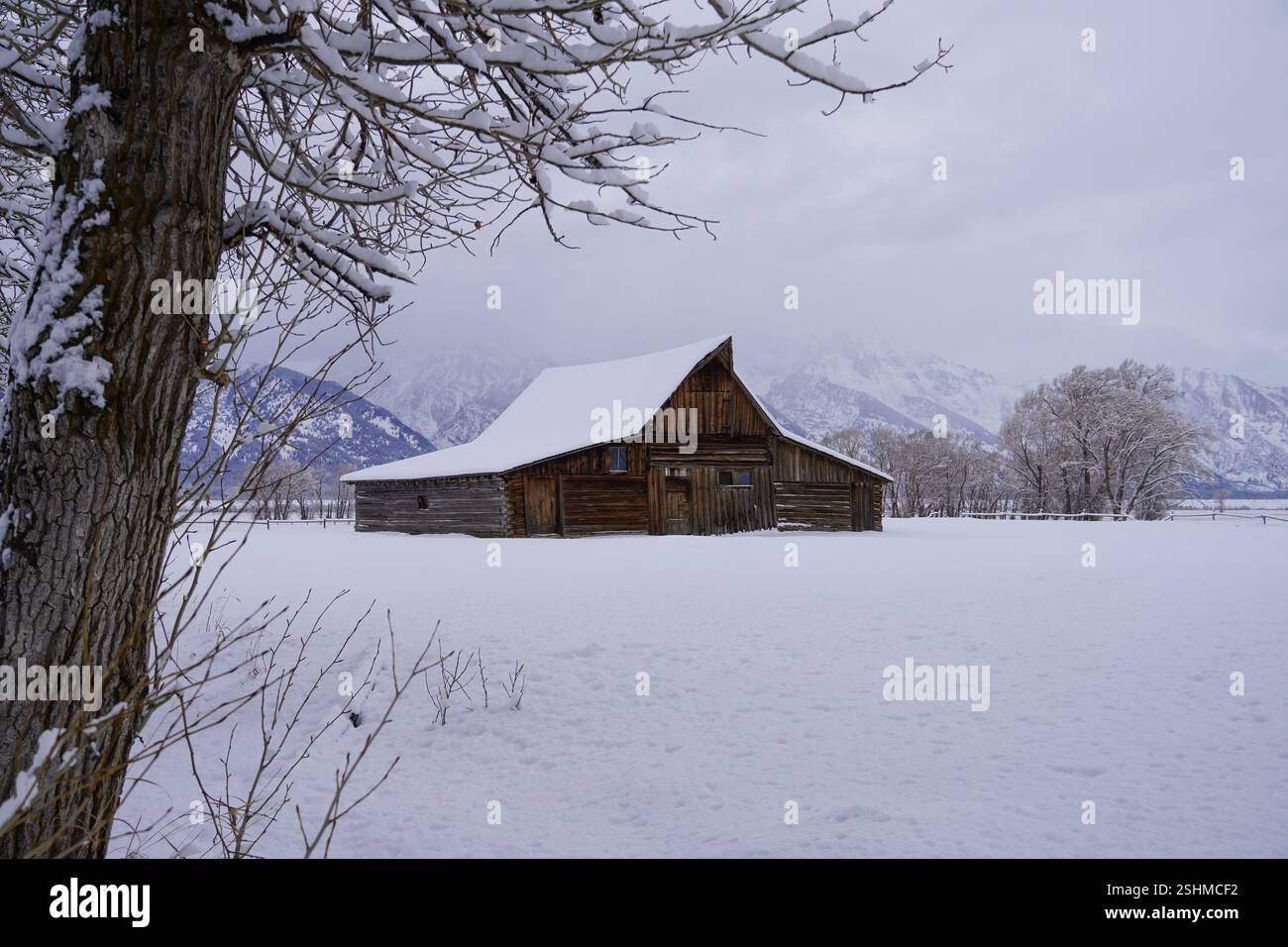 La neve ricopre il terreno e il vecchio fienile di legno in tarda autunno con uno sfondo dei Grand Tetons appena visibile in lontananza. Foto Stock