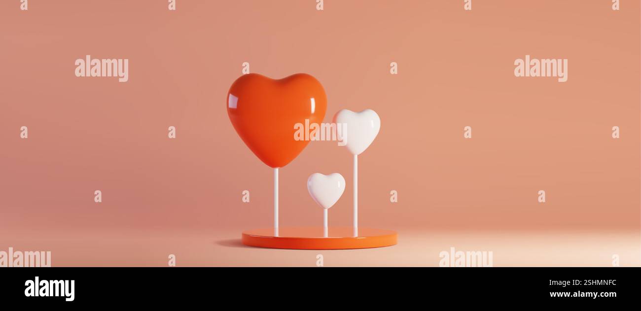 Palloncini caramellati a forma d'amore sul podio rosso rotondo - cuore grande con piccoli elementi decorativi bianchi sui bastoncini. Composizione minimal e romantica su sfondo chiaro per il design delle vetrine di San Valentino. Illustrazione Vettoriale