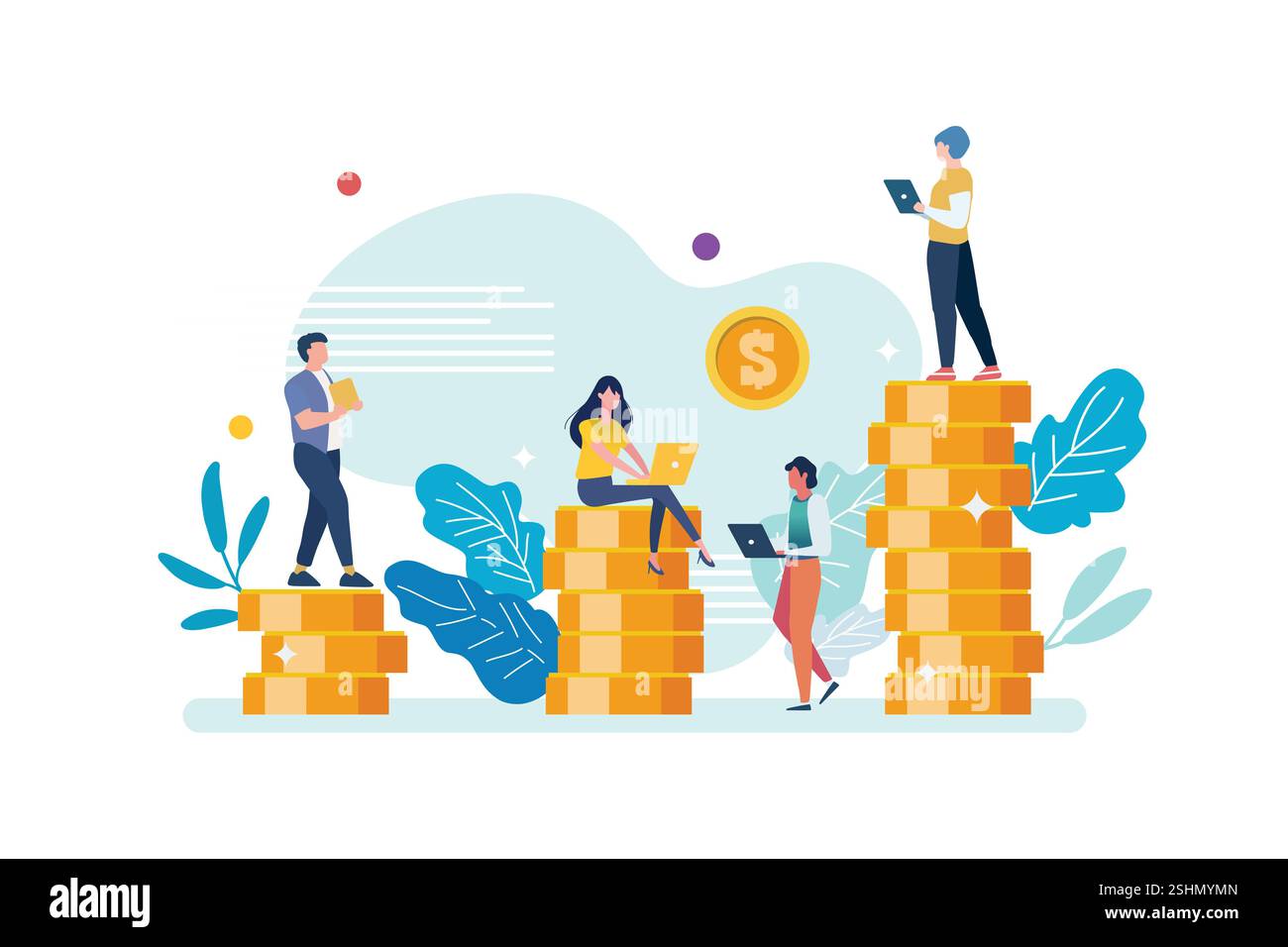 Uomini d'affari con un mucchio di monete. concetto di business. Illustrazione vettoriale Illustrazione Vettoriale