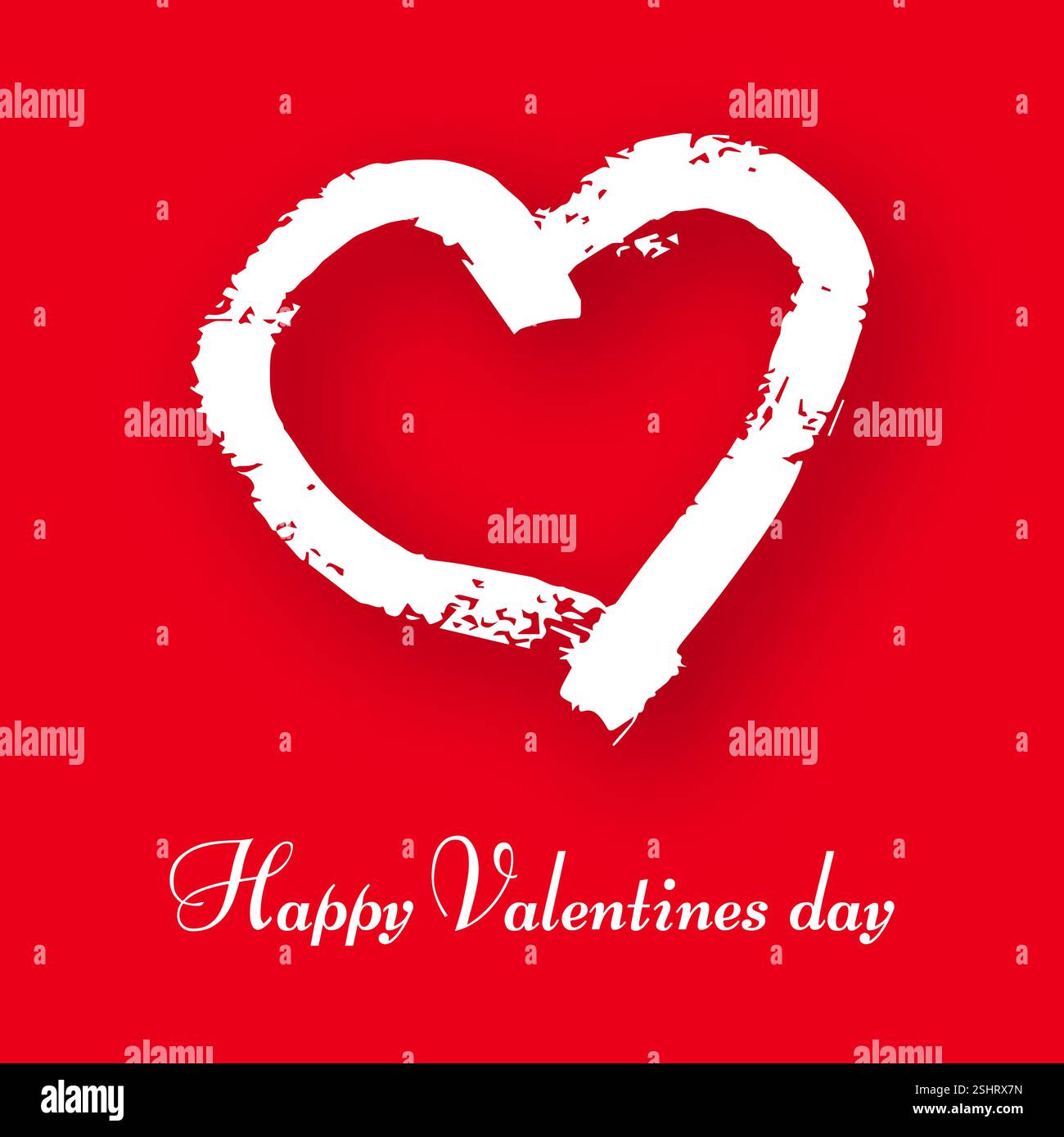 Cuore disegnato a mano su sfondo rosso. Bianco grunge doodle cuore con ombra. Simbolo d'amore romantico. Illustrazione vettoriale. Illustrazione Vettoriale