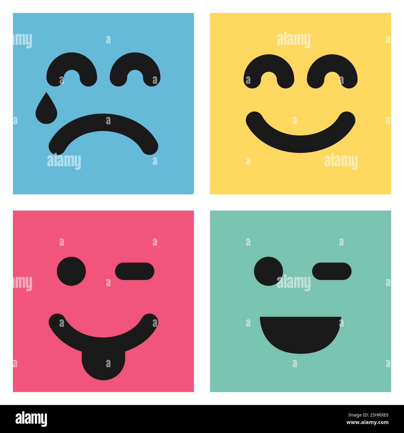Set di quattro emoticon colorate con volti sorridenti e piangenti. Icona emoji nel quadrato. Ripetizione di sfondo piatta. Illustrazione vettoriale Illustrazione Vettoriale