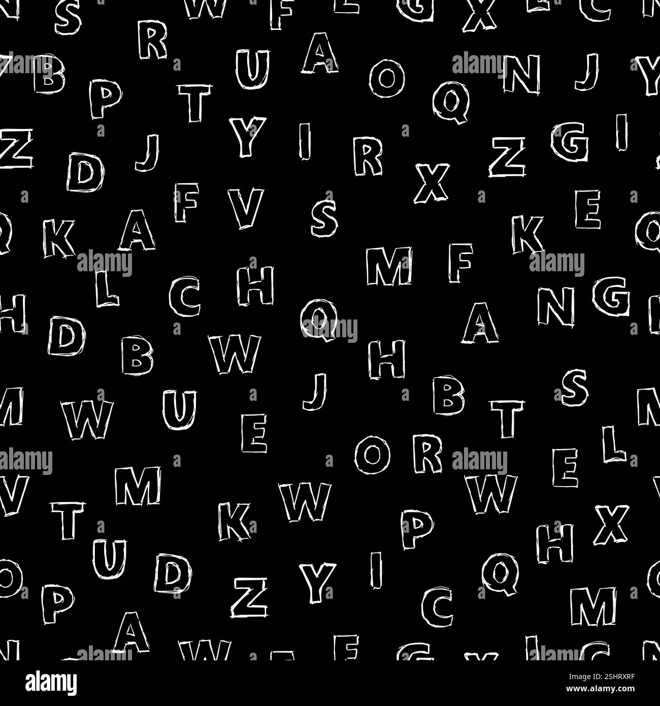 Alfabeto Doodle sfondo senza cuciture. Modello vettoriale infinito con lettere bianche su sfondo nero. Illustrazione Vettoriale