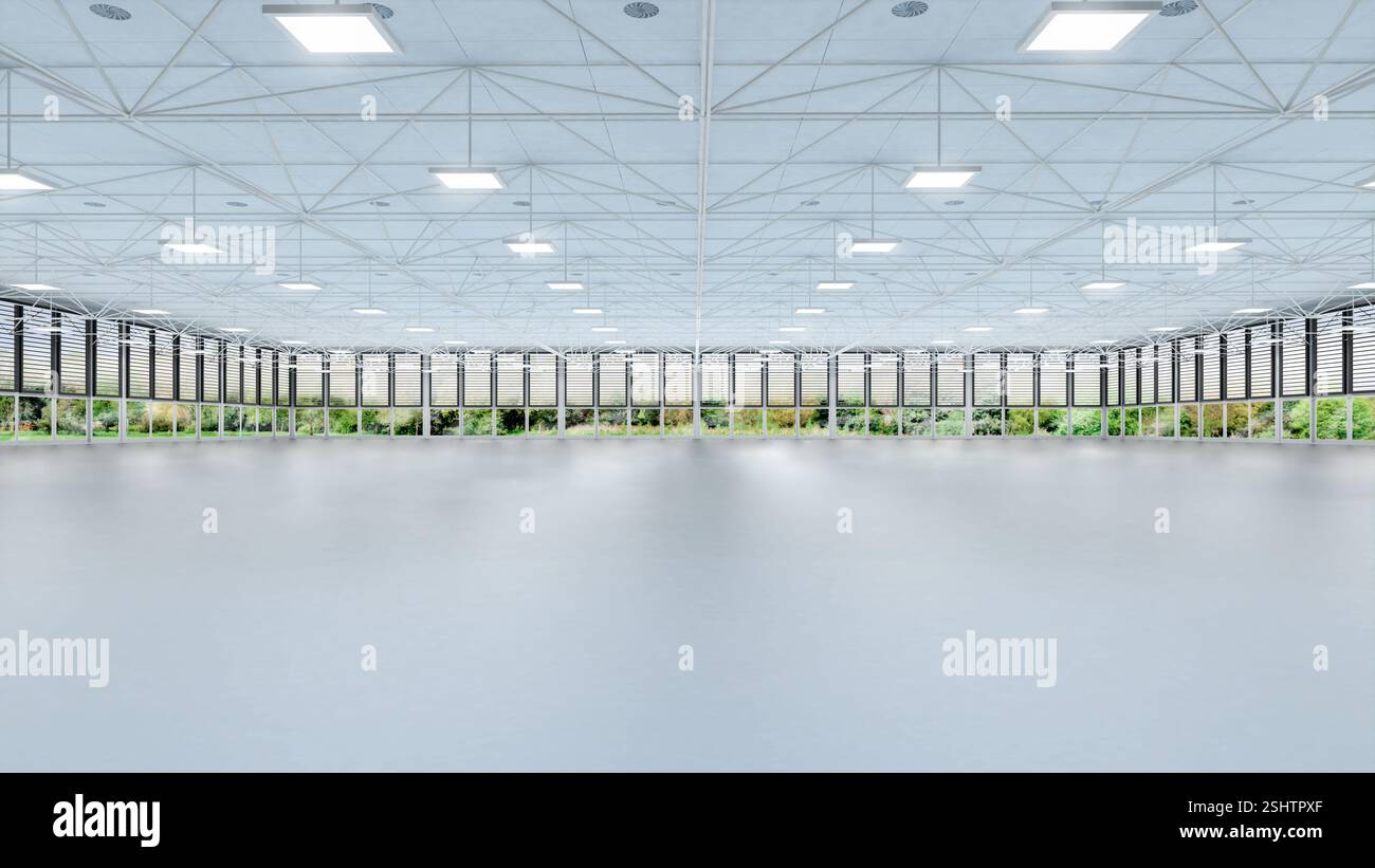 rendering 3d di spazi vuoti di fabbrica o di magazzino in affitto con finestre in vetro su sfondo verde Foto Stock