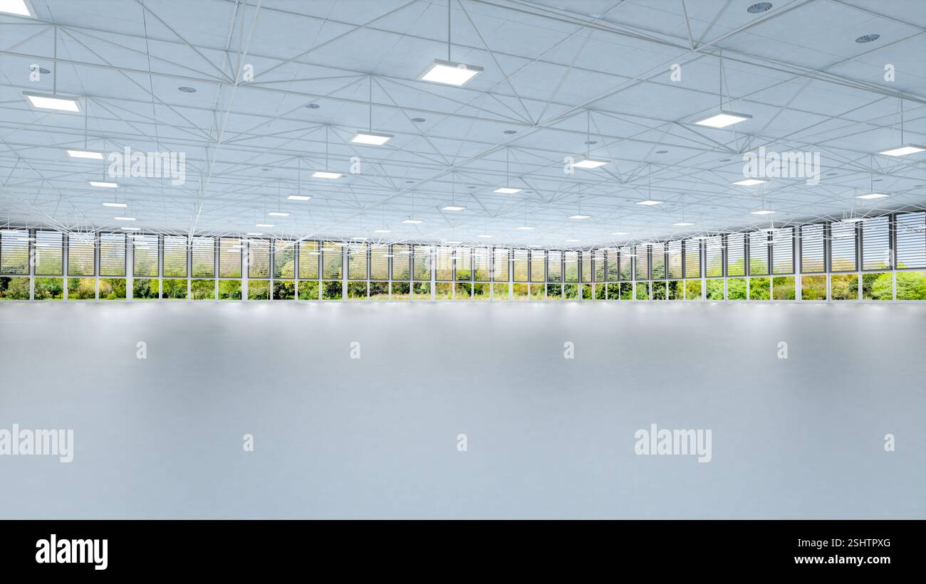 rendering 3d di spazi vuoti di fabbrica o di magazzino in affitto con finestre in vetro su sfondo verde Foto Stock