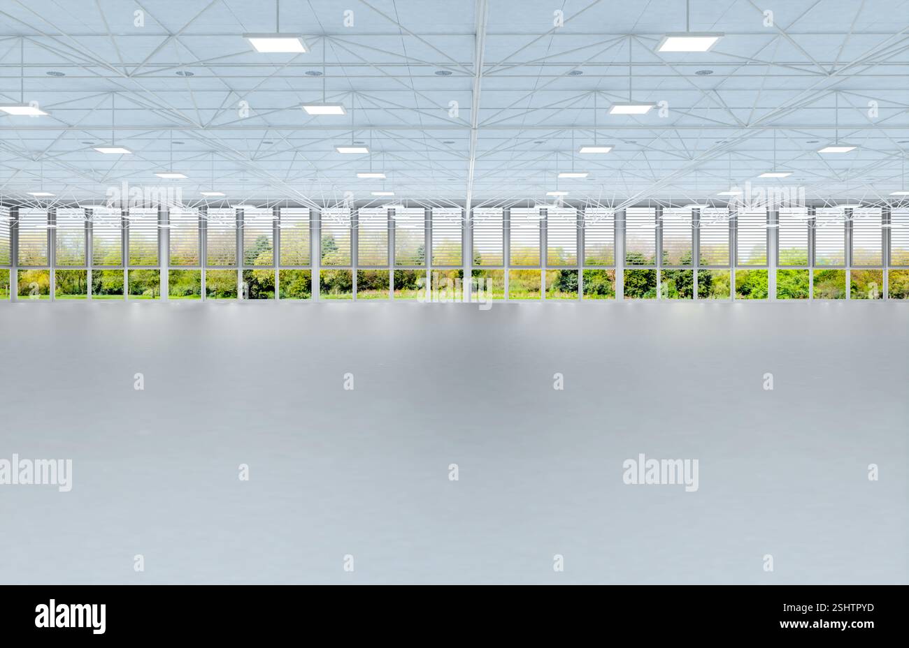 rendering 3d di spazi vuoti di fabbrica o di magazzino in affitto con finestre in vetro su sfondo verde Foto Stock