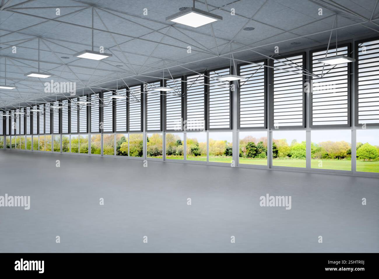 rendering 3d di spazi vuoti di fabbrica o di magazzino in affitto con finestre in vetro su sfondo verde Foto Stock