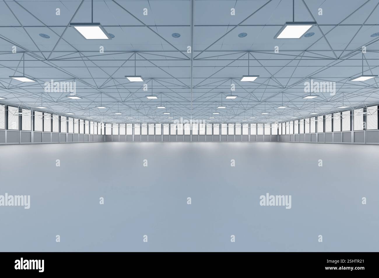 rendering 3d di spazi vuoti di fabbrica o di magazzino a noleggio con finestre in vetro Foto Stock
