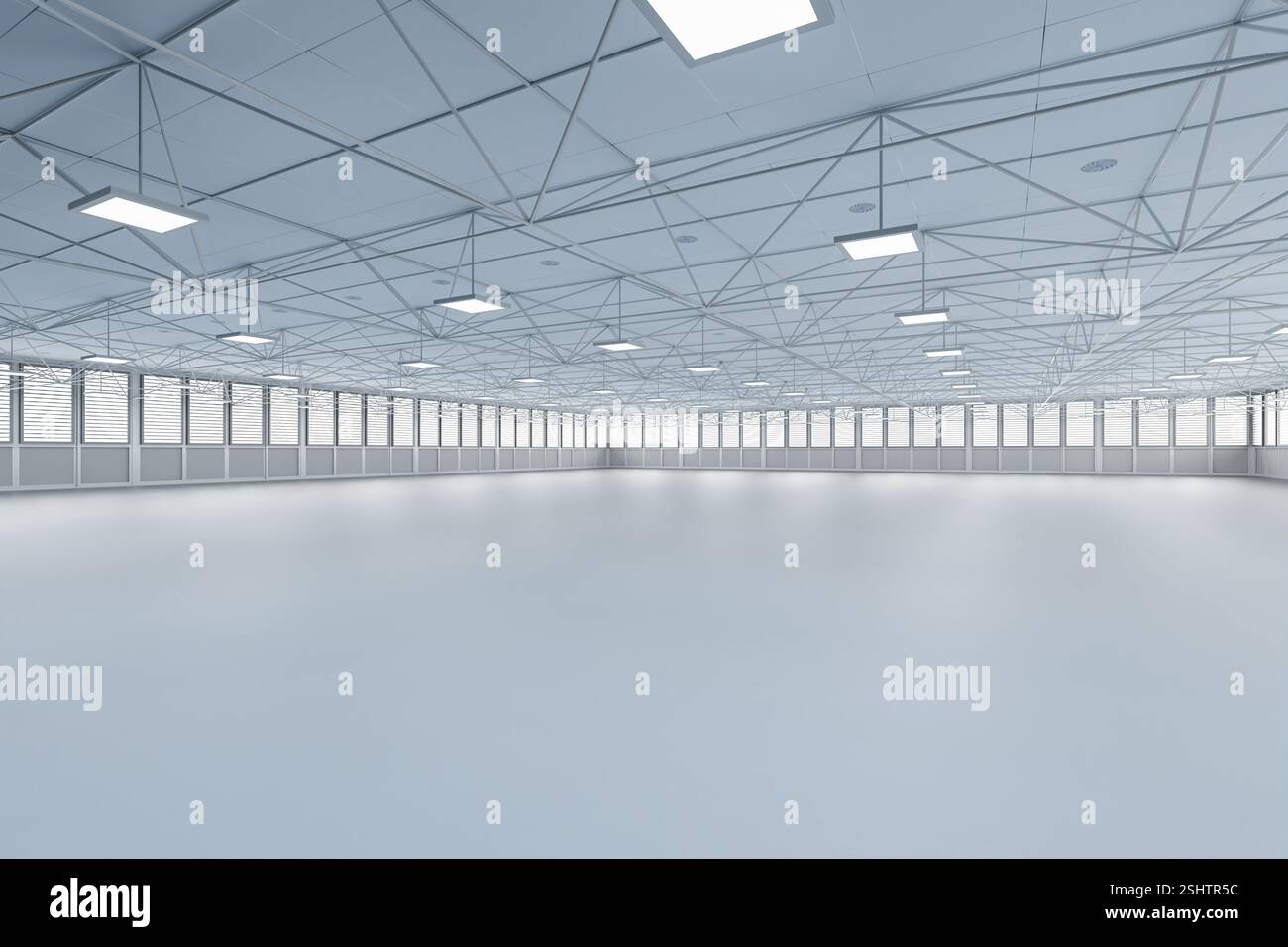 rendering 3d di spazi vuoti di fabbrica o di magazzino a noleggio con finestre in vetro Foto Stock
