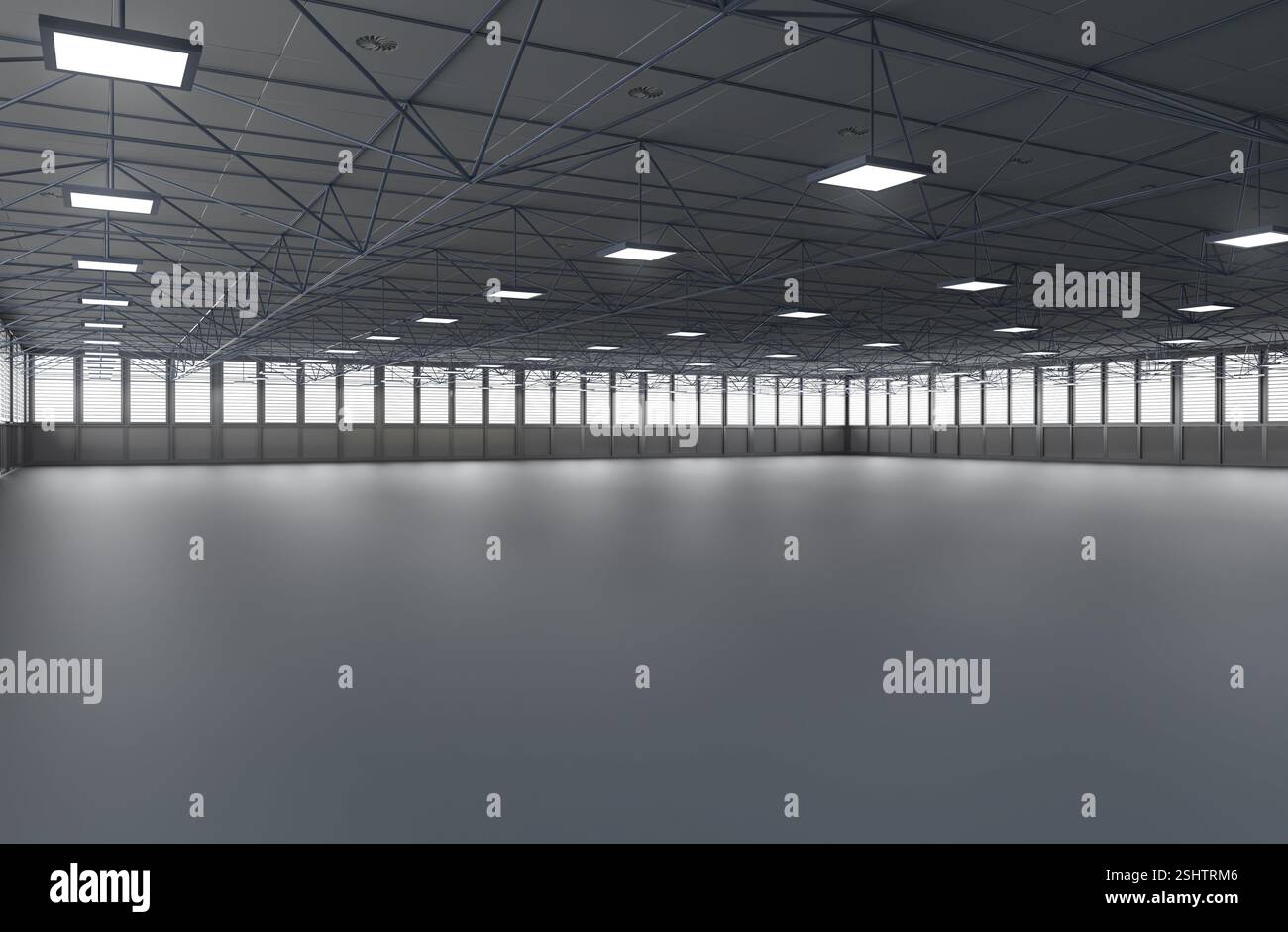 rendering 3d di spazi vuoti di fabbrica o di magazzino a noleggio con finestre in vetro Foto Stock