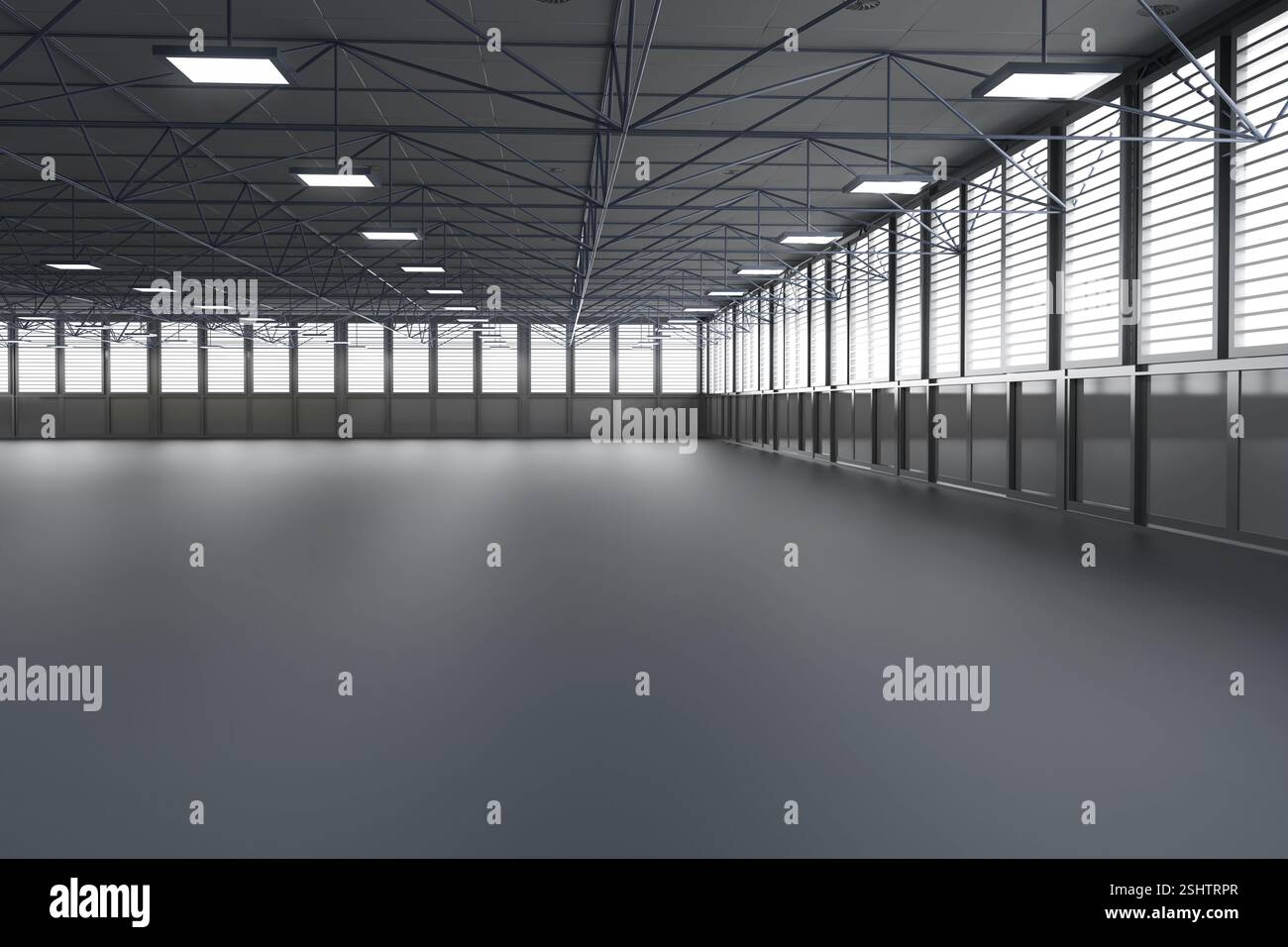 rendering 3d di spazi vuoti di fabbrica o di magazzino a noleggio con finestre in vetro Foto Stock