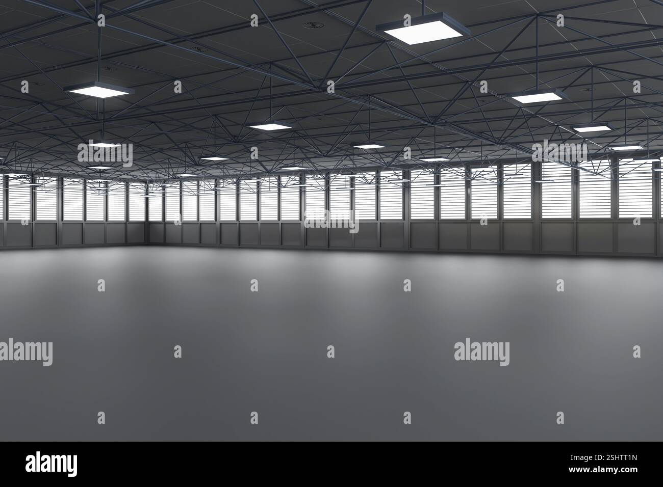 rendering 3d di spazi vuoti di fabbrica o di magazzino a noleggio con finestre in vetro Foto Stock