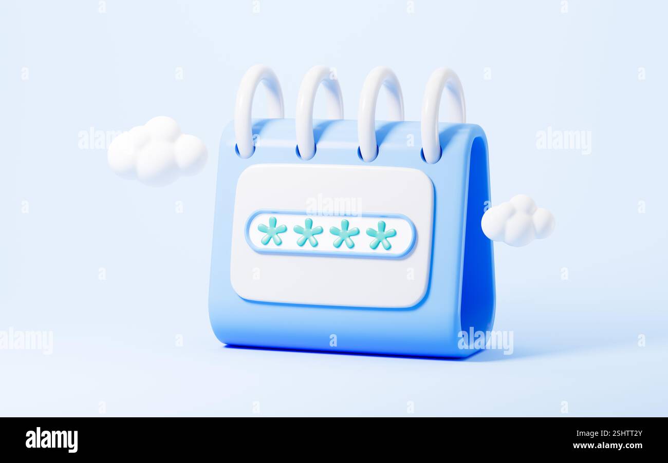 Calendario cartoon Blue con password, concetto di crittografia e attacco alla sicurezza di rete, rendering 3d. illustrazione 3d. Foto Stock