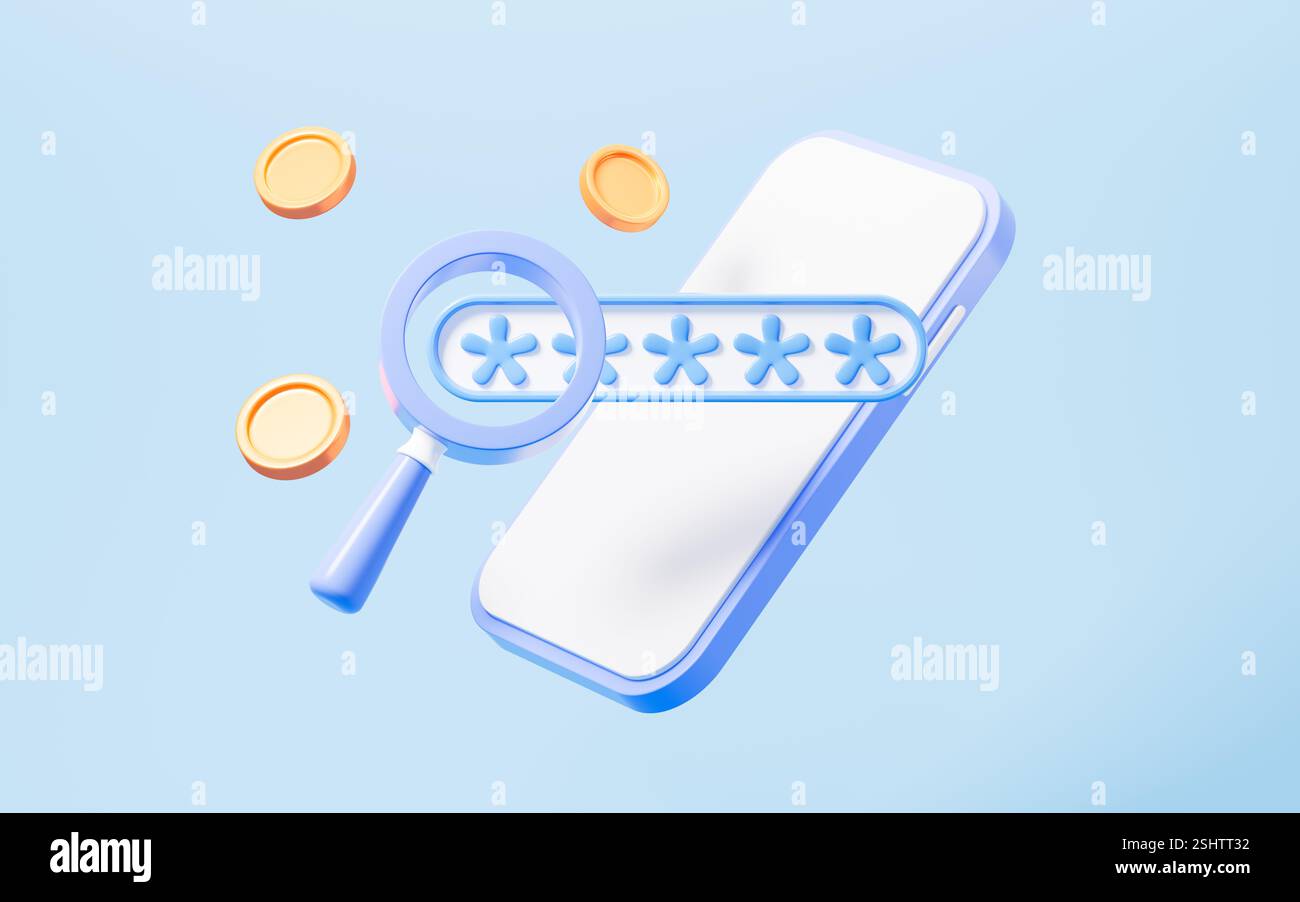 Password cartoon e lente d'ingrandimento, autenticazione dell'identità mobile, concetto di crittografia e attacco alla sicurezza di rete, rendering 3d. illustrazione 3d. Foto Stock