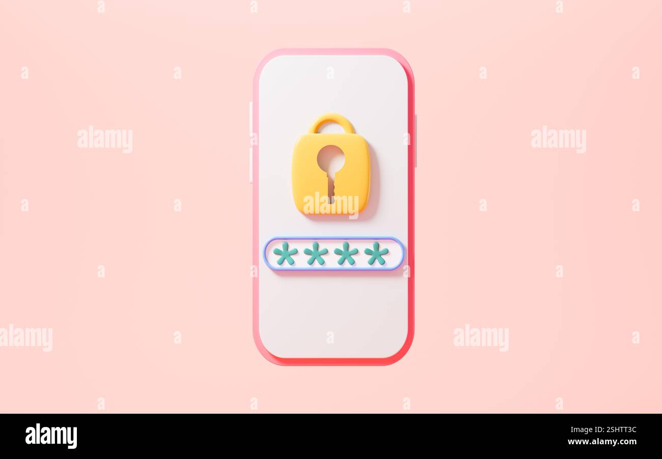 Lucchetto cartoni animati sul cellulare, autenticazione dell'identità mobile, concetto di crittografia e attacco alla sicurezza di rete, rendering 3d. illustrazione 3d. Foto Stock