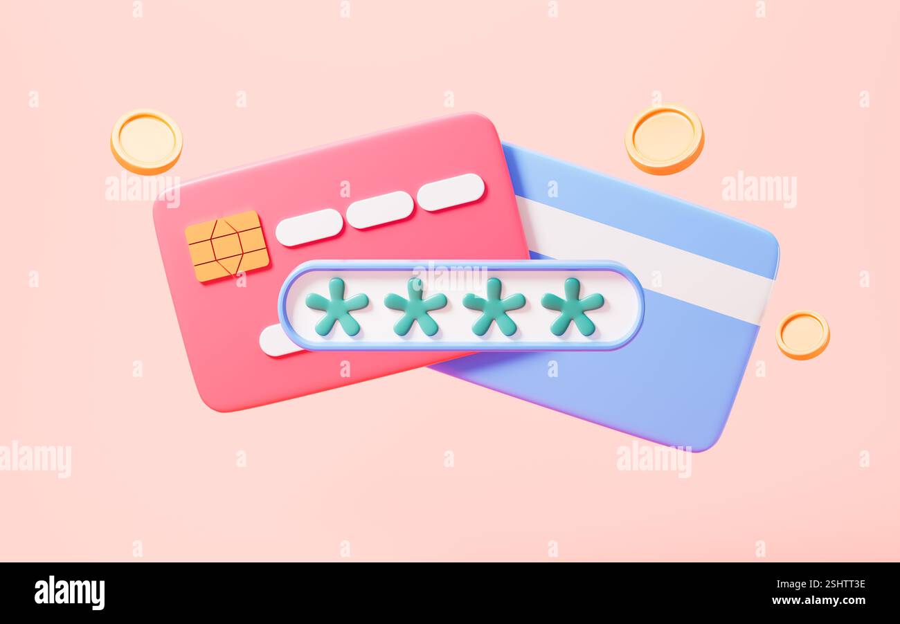 Concetti di cifratura di carte bancarie cartoni animati e informazioni, rendering 3D. illustrazione 3d. Foto Stock