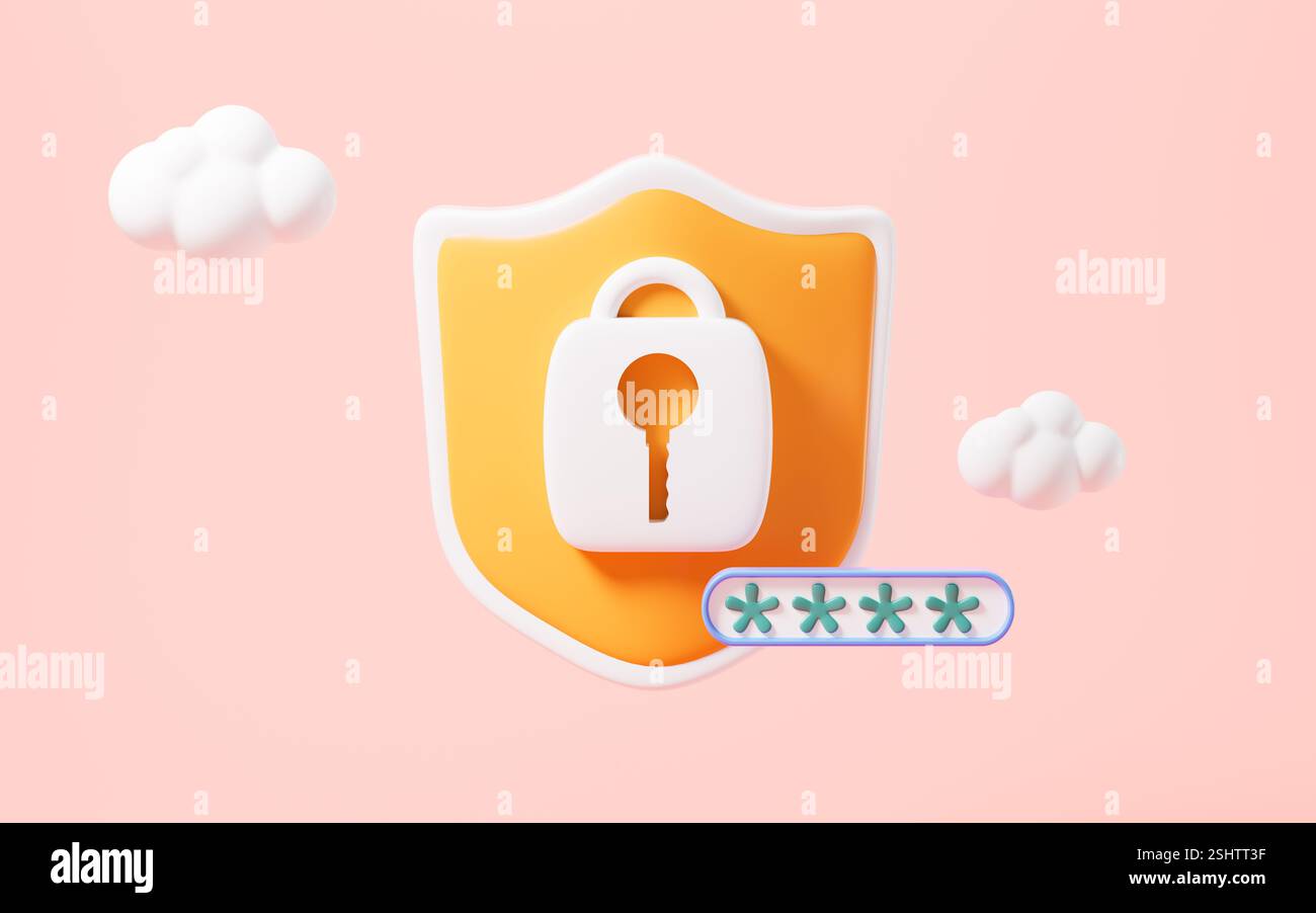 Lucchetto con blocco cartoni animati con password, sicurezza e sicurezza. Concetto di privacy informatica. rendering 3d. illustrazione 3d. Foto Stock