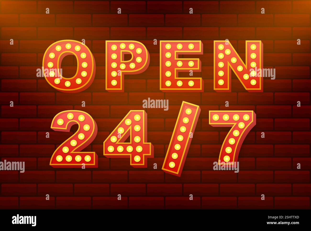 Apri il cartello 247 con le lampadine su uno sfondo a parete in mattoni Illustrazione Vettoriale
