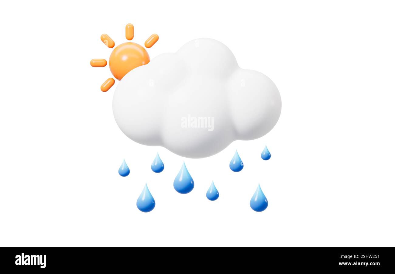 Previsioni meteo cartoon, pioggia da nuvolosa a leggera, rendering 3d. illustrazione 3d. Foto Stock
