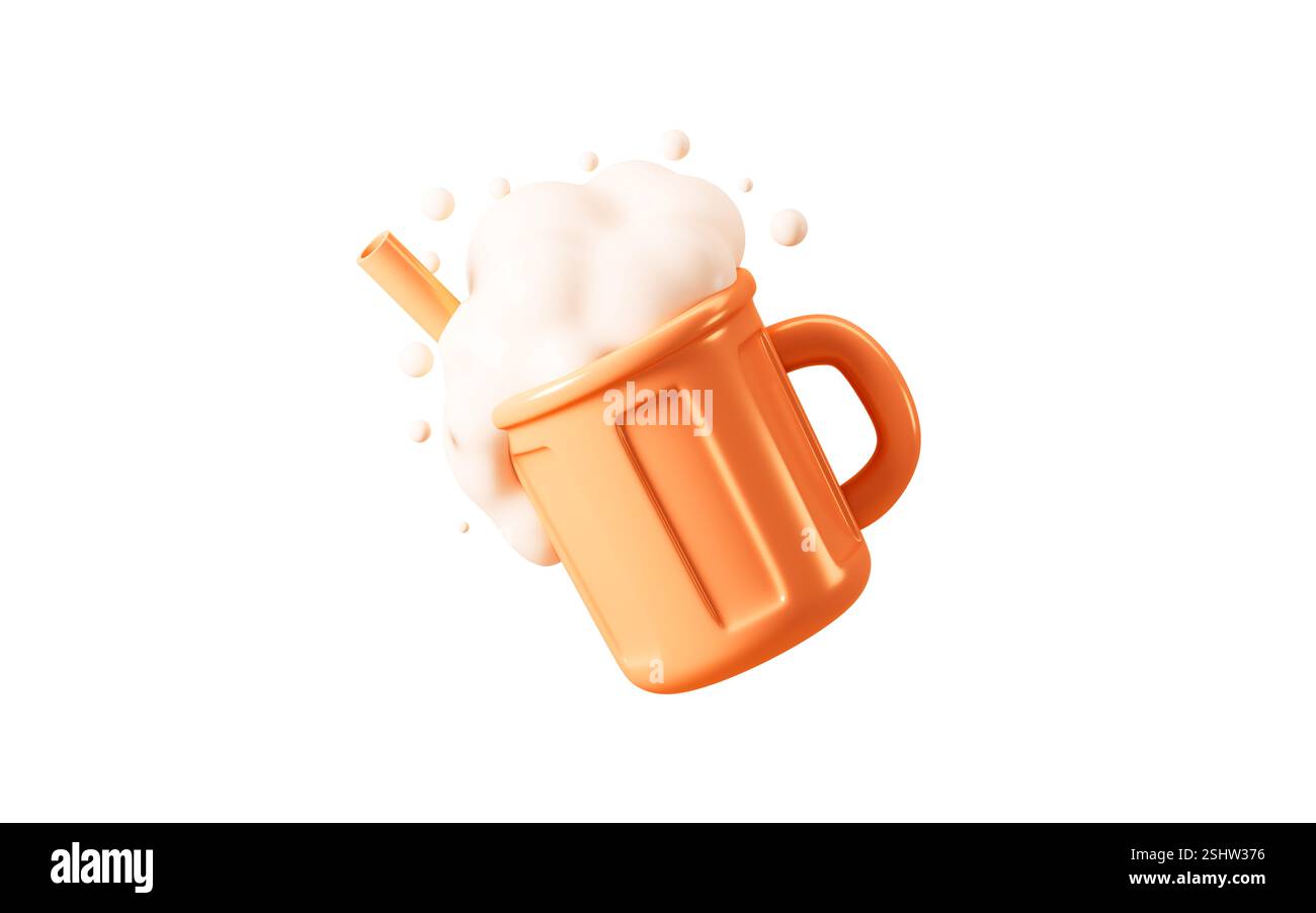 Cartoon una bevanda dorata e schiumosa sullo sfondo arancione, rendering 3D. illustrazione 3d. Foto Stock