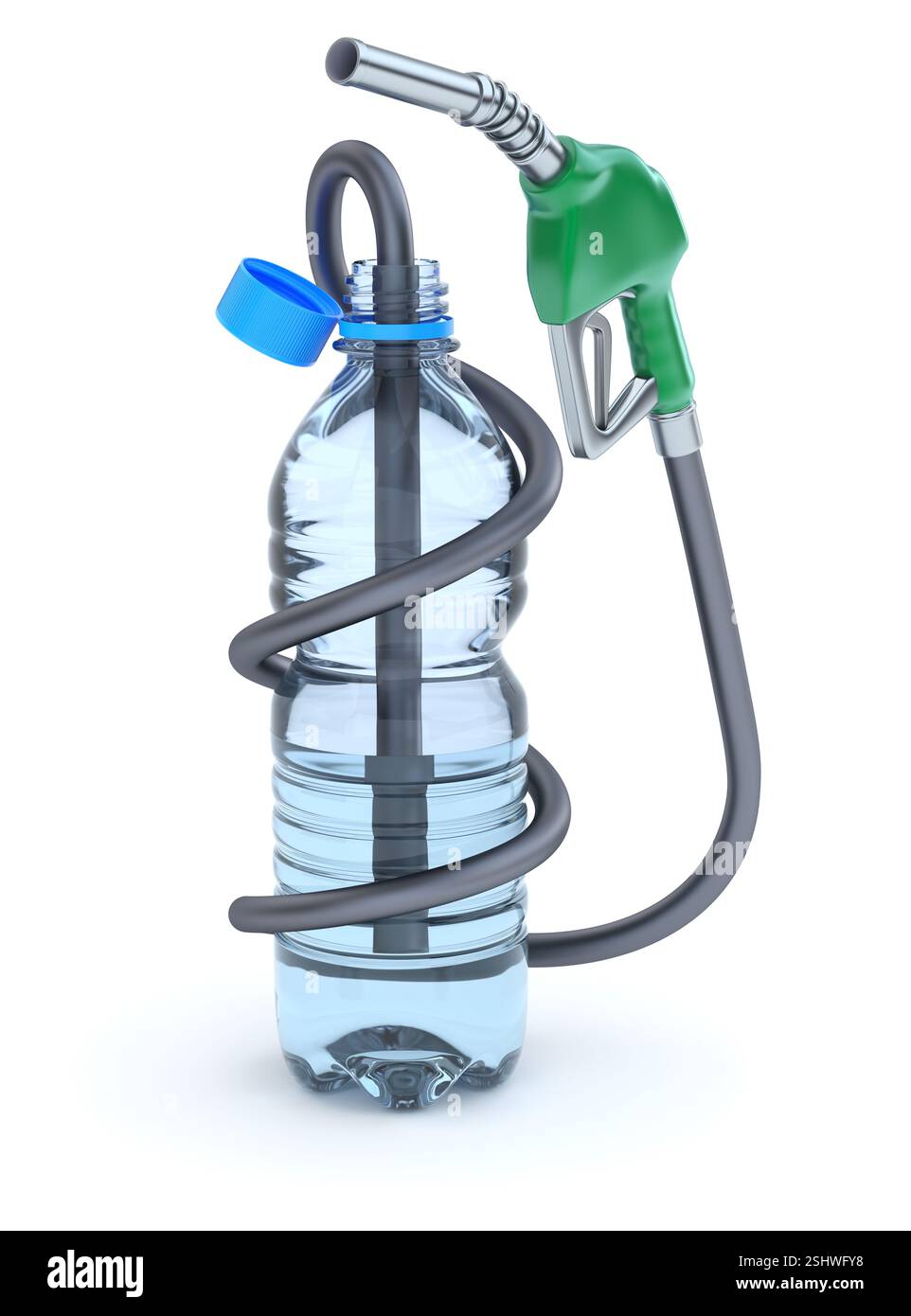 Acqua/combustibile - concetto 3D con flacone in PET e ugello per gas Foto Stock