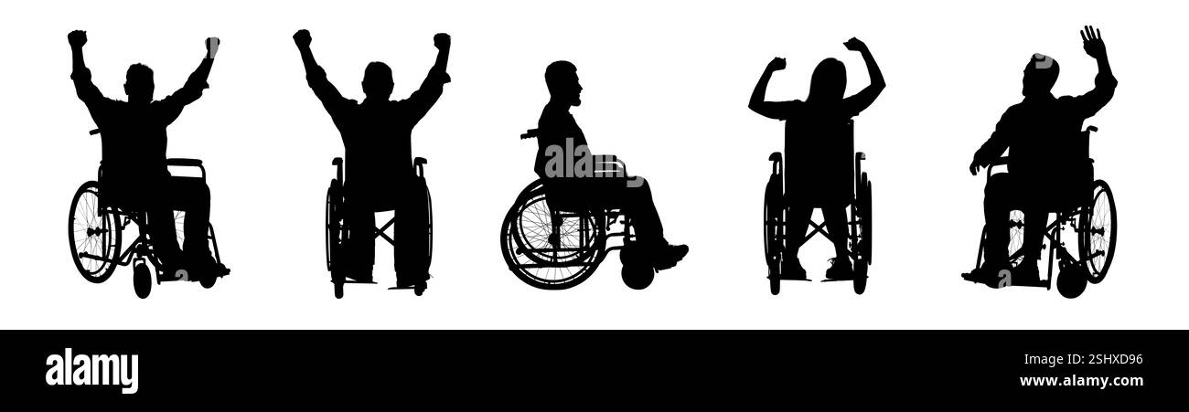 Sagome di persone su sedia a rotelle su sfondo bianco, set Foto Stock