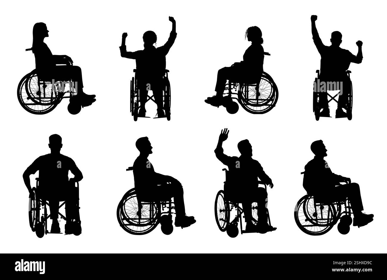 Sagome di persone su sedia a rotelle su sfondo bianco, set Foto Stock