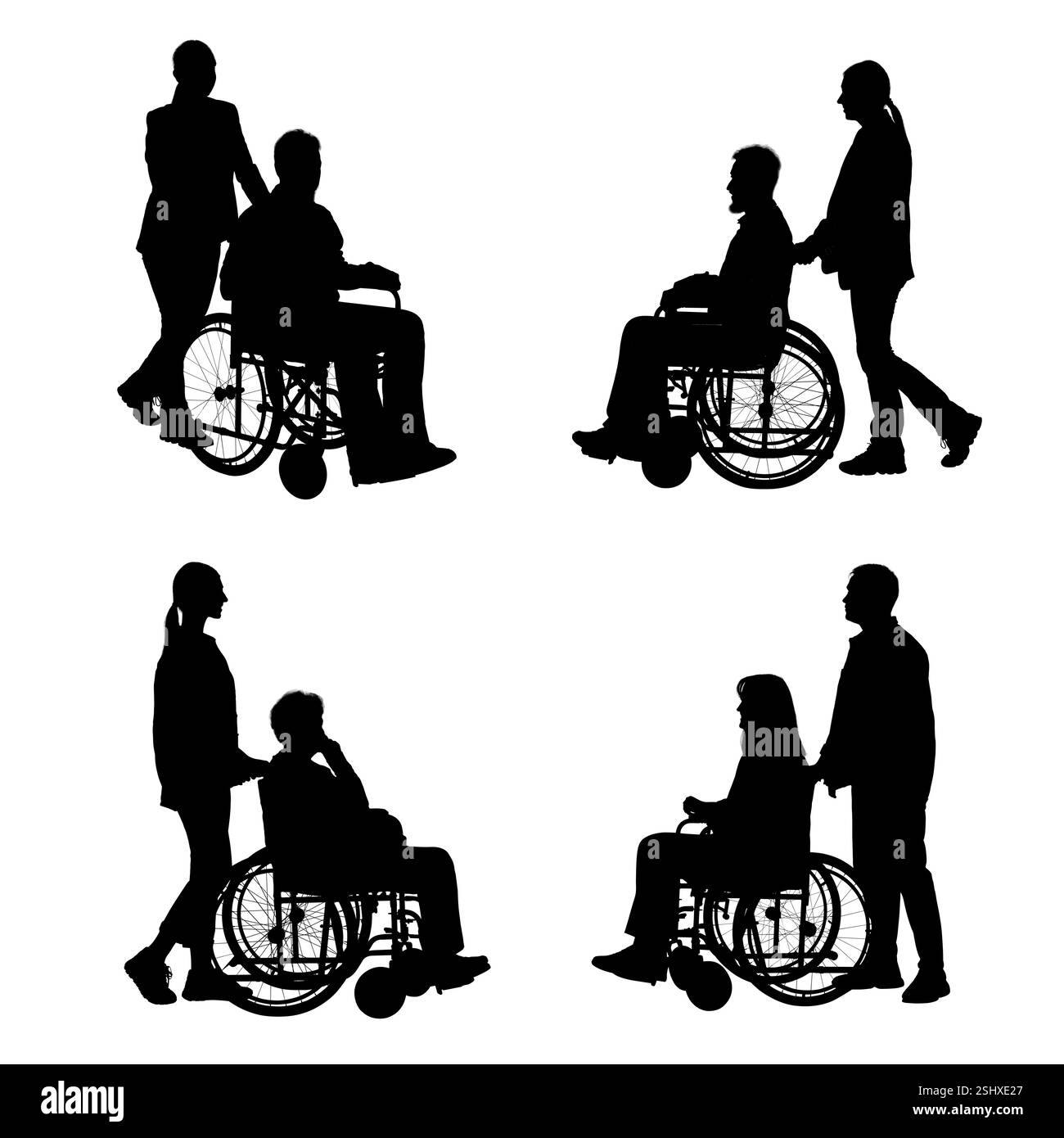 Sagome di persone su sedia a rotelle su sfondo bianco, set Foto Stock